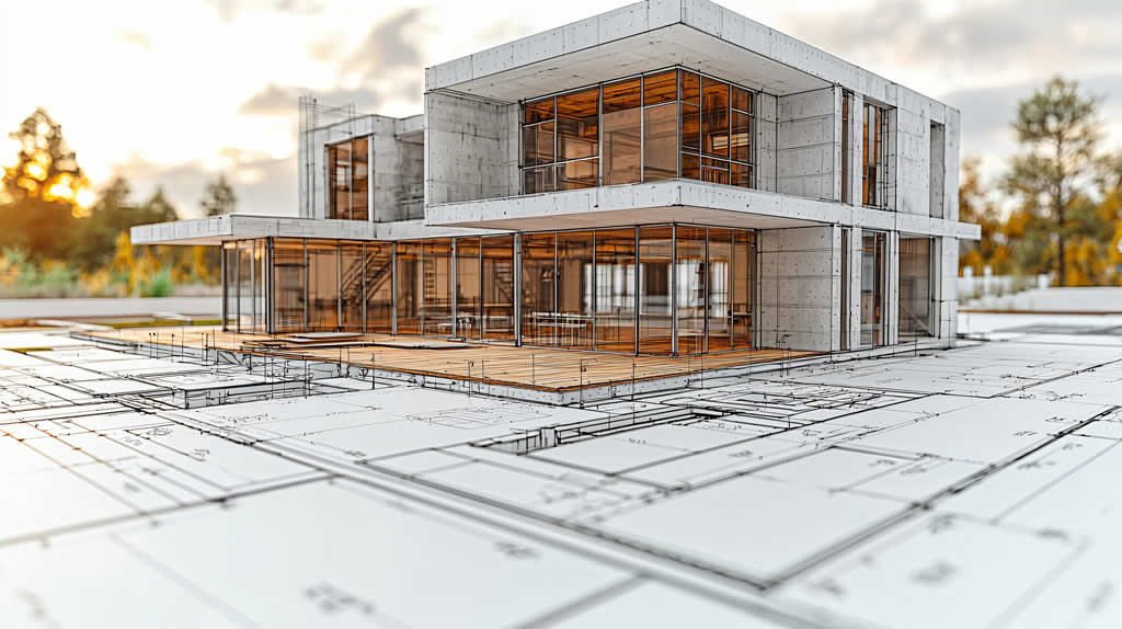 Modern architectural design on blueprint with house model.