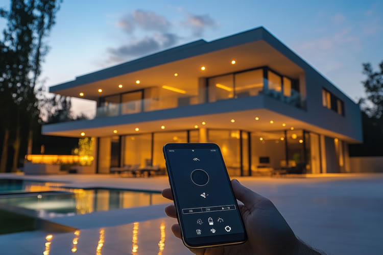 Smart home with smartphone control, pool view