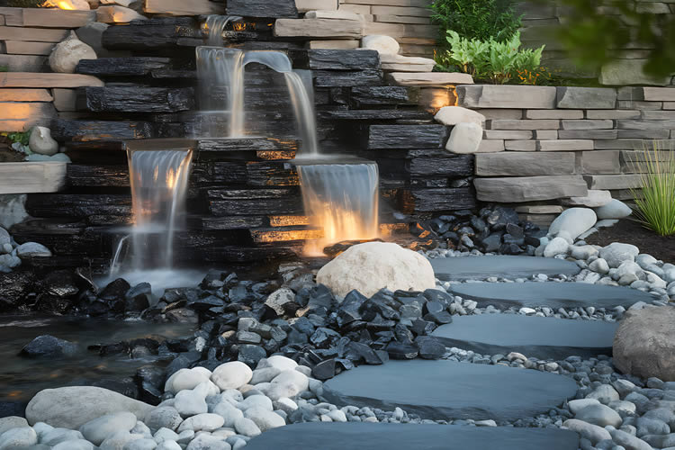 Illuminated garden waterfall with stone pathway at night.