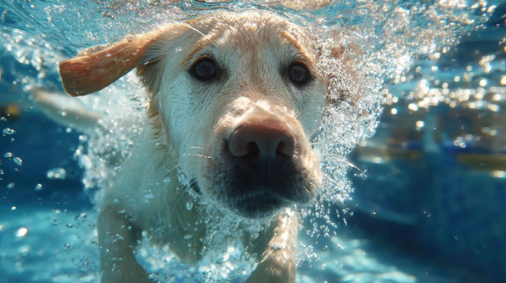 Dog swimming underwater with bubbles