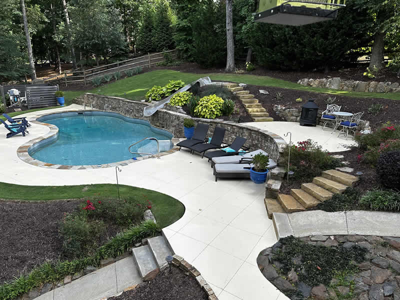 Luxurious backyard with pool and patio furniture