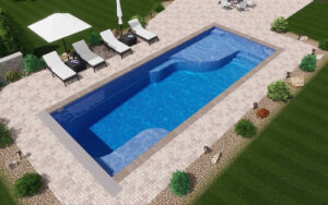 Modern rectangular backyard pool with lounge chairs and umbrella
