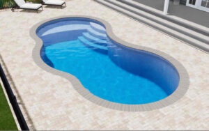 Freeform blue swimming pool on a paved backyard patio