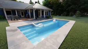 Modern backyard pool beside blue cottage and patio