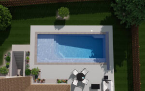 Overhead view of rectangular backyard swimming pool and patio