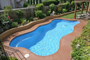 Curved backyard swimming pool surrounded by lush landscaped garden